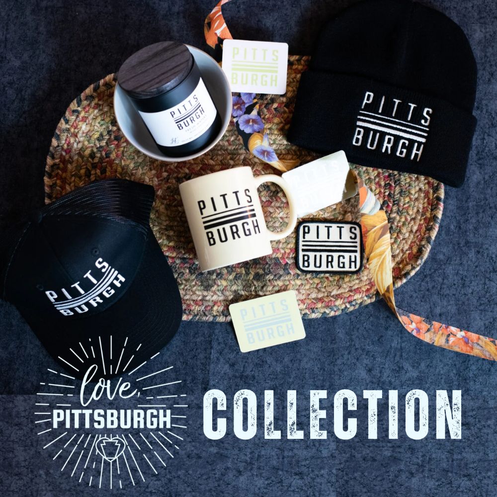 black square with photo of love pittsburgh black baseball cap, candle, embroidered patch and black beanie with pittsburgh designs, white text at the bottom Love, Pittsburgh Collection 