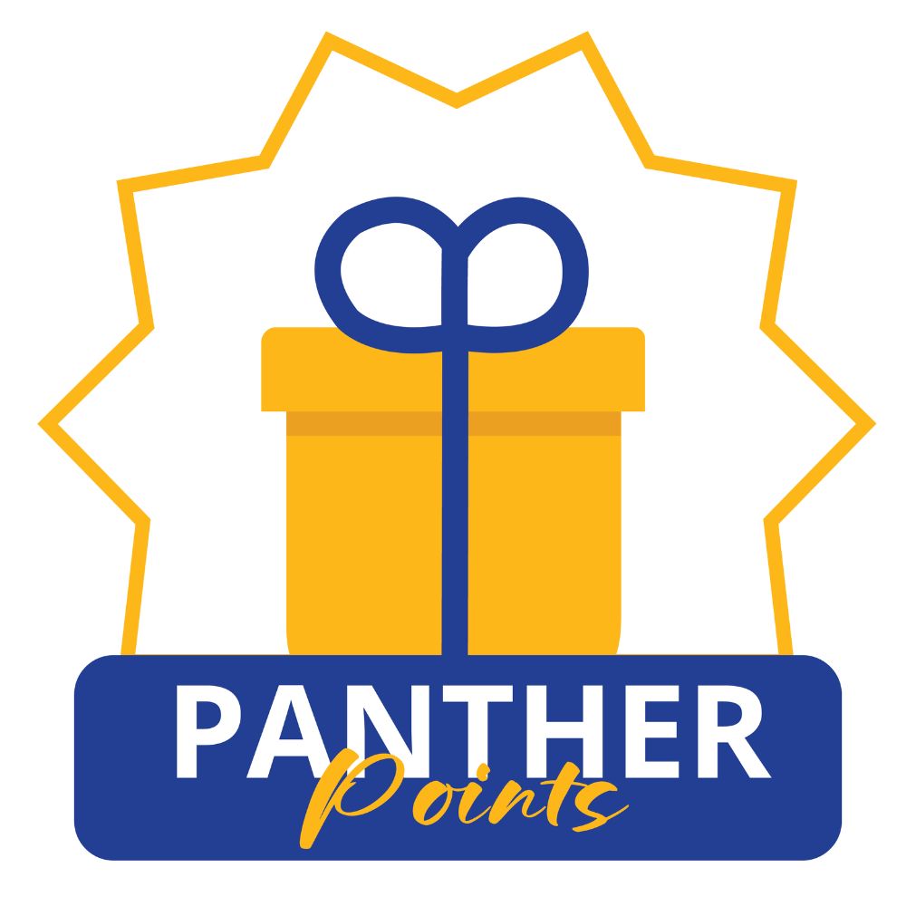 Panther Points logo image, shows a gold gift box with blue bow in the center of a white background, with blue text box that reads Panther Points below