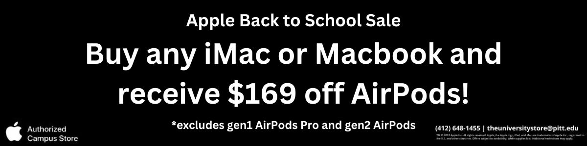 black banner with white text. Apple Back to School Sale. Buy an iMac or MacBook and receive $169 off Apple AirPods! Exclusions apply