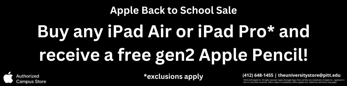 black banner with white text. Apple Back to School Sale. Buy an iPad Air or iPad Pro and get a gen2 Apple Pencil! Exclusions apply.