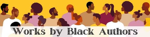 yellow button with illustration of different silhouettes of Black people, and black text at the bottom reads Works by Black Authors