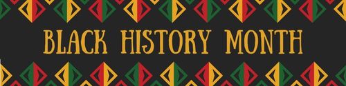 black button with red green and yellow triangles and gold text that reads Black History Month
