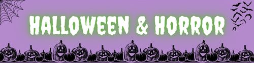 purple background with black pumpkins along bottom, spider web in top left corner and bats in top right corner. glowing green text in spooky font reads Halloween and Horror