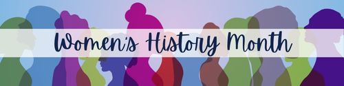 pinkish purple button with feminine outlines with white text that reads Women's History Month